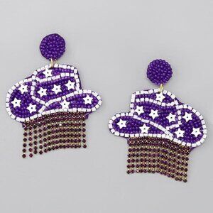 Football Team Game Day Cowgirl Hat Seed Beaded Rhinestone Purple White Earrings